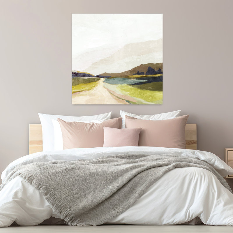 Chemin à travers des paysages sereins abstraits, paysage contemporain, nature, art mural, H 32 po x l 32 po