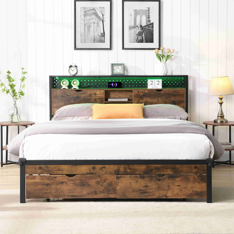 Base de lit plateforme en métal avec tête de lit en bois et pied de lit, Très grand lit