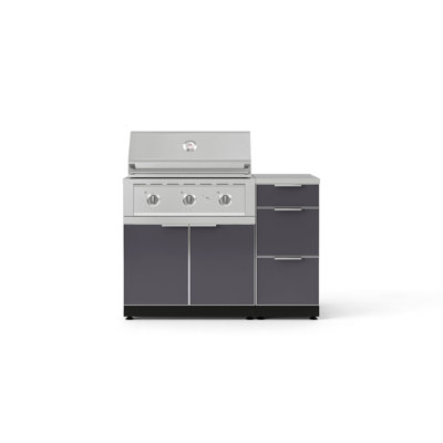 Ensemble d'armoires d'extérieur 4 pièces en aluminium gris ardoise avec 3 tiroirs, 1 gril au gaz naturel 33 po et plateau en acier inoxydable 16 po