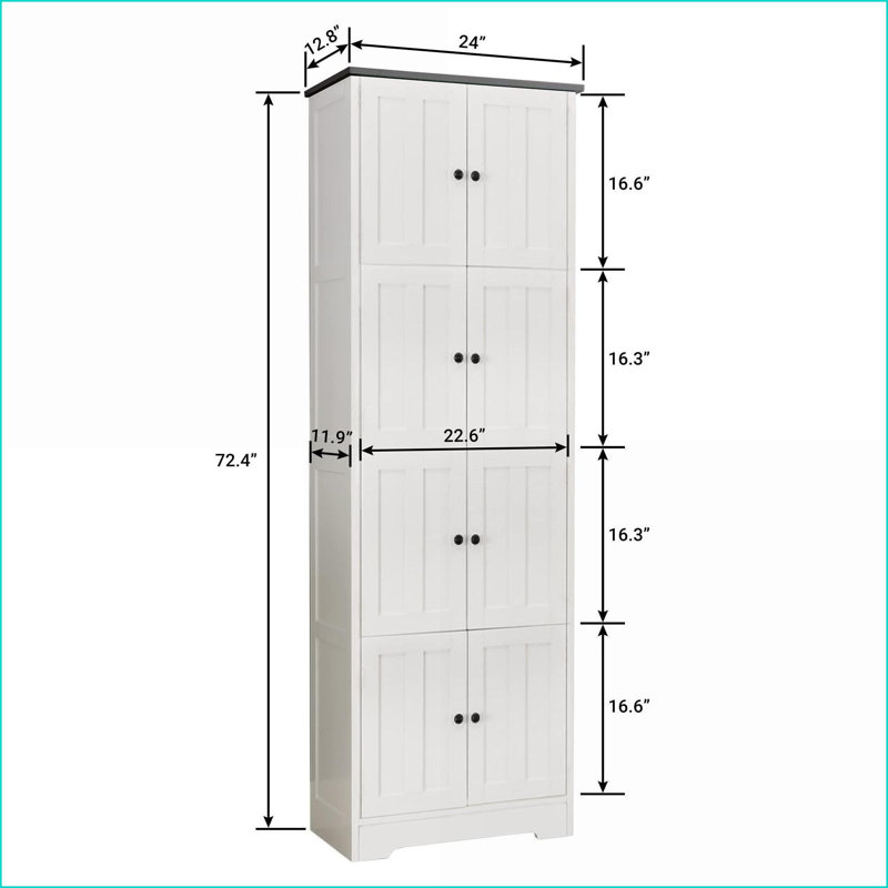 Armoire de rangement haute avec 8 portes et 4 tablettes, blanc neige moderne, 24 x 12,8 x 72,4 po | Panneau de fibres à densité moyenne | Moderne