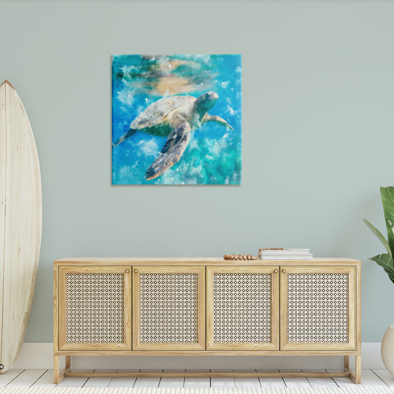 Aquarelle, "Sea Turtle", art mural encadré flottant doré par Kim Allen, H 36 po x l 36 po