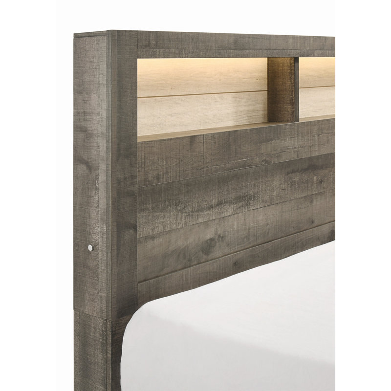 Lit plateforme très grand avec tête de lit à profil bas et éclairage encastré, style maison de campagne moderne en gris beige