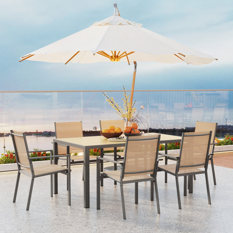 Ensemble de table de salle à manger 7 pièces avec 6 fauteuils empilables, H 28,3 po x l 59,5 po x P 35,4 po, Brun