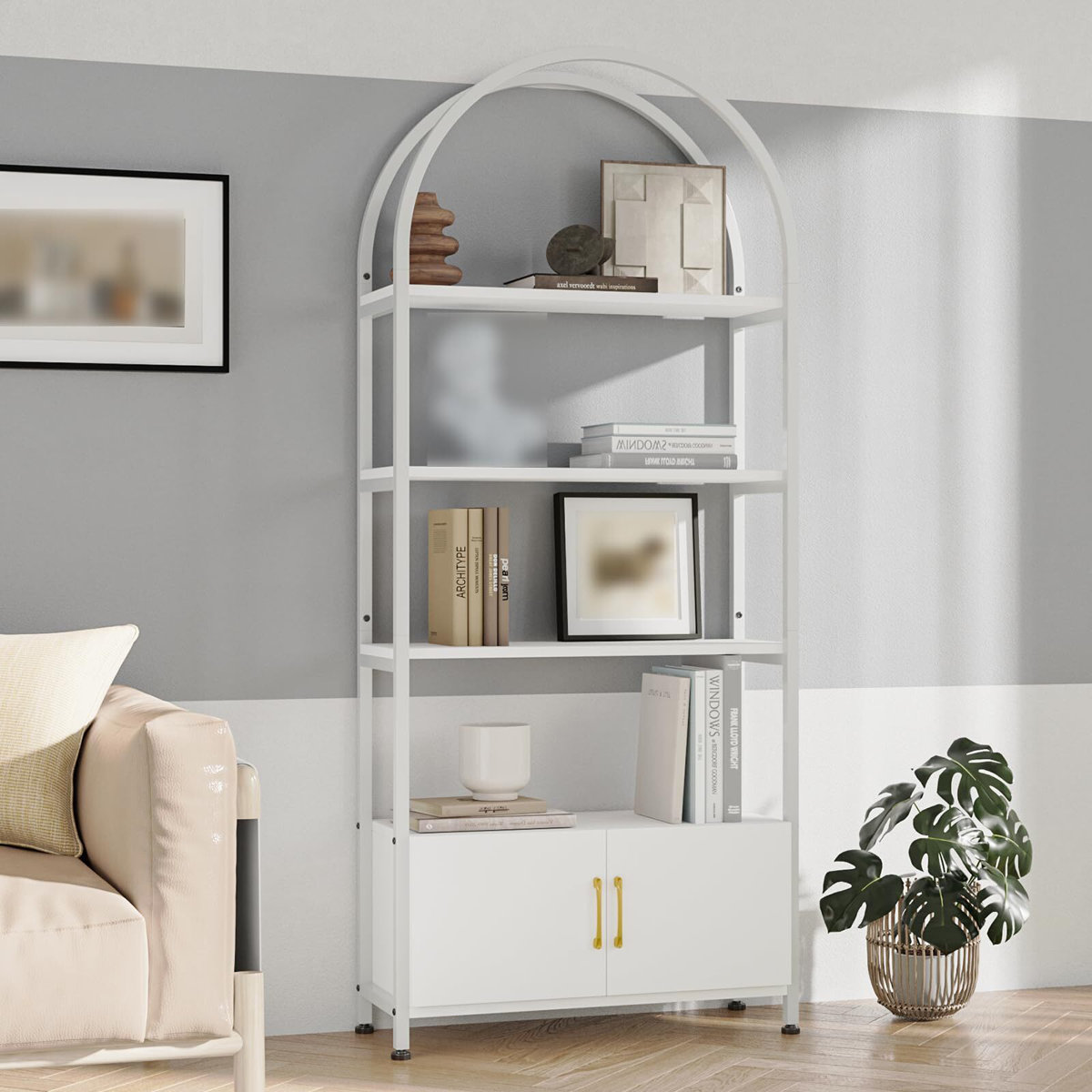 Ebern Designs Arched Bookshelf, Vintage Bookcase Display Racks Tall ...
