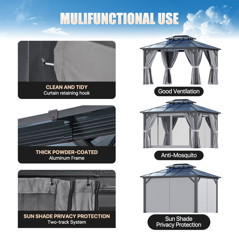 12 Ft. W x 10 Ft. D Aluminum Patio Hardtop Gazebo, Gray