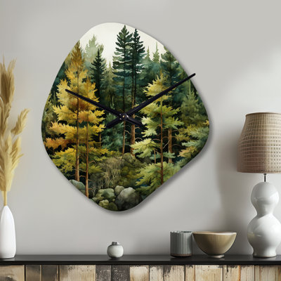 Pine Tree Symphony I - Pine Unique Shape Metal Wall Clock, Green Asymmetrical Clock Print