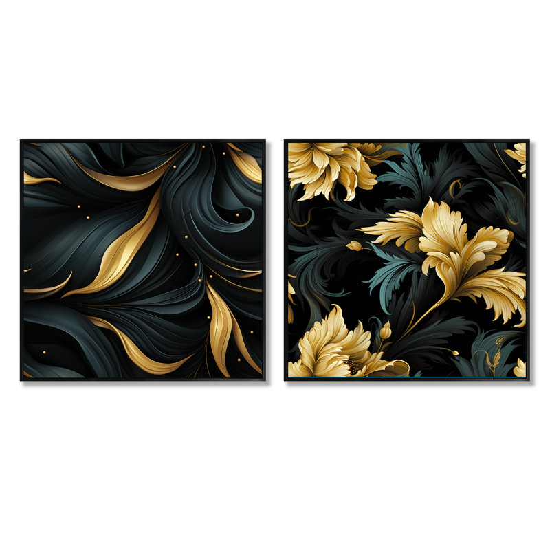 Cachemire noir et doré Elegant Ebony III - Ensemble de 2 collages floraux et botaniques carrés, Cadre flottant noir