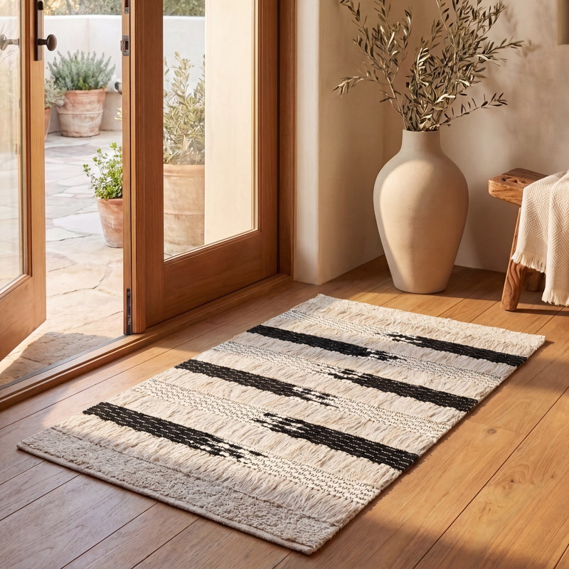 Tapis rayé en coton tissé à la main Jessen , Rectangle 3 pi x 5 pi