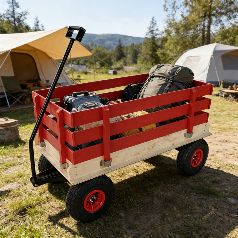Chariot de chariot en bois avec poignée pliante, chariot utilitaire tout-terrain robuste pour l'extérieur, le jardin, le camping et la plage - chariot utilitaire à tirer classique