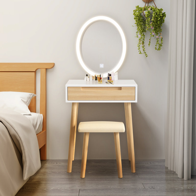 60cm Desktop Dressing Table With Led Lighted Mirror, Makeup Vanity Desk With Stool and Drawer, Beige