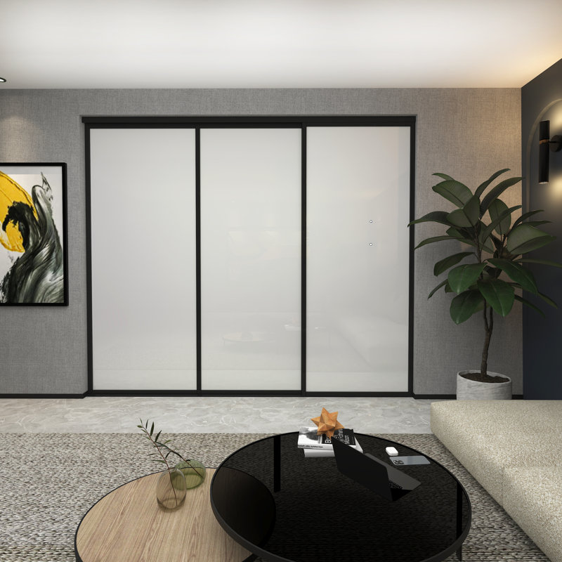 Placard coulissant 3 panneaux en verre givré, Noir, 90 po x 96 po