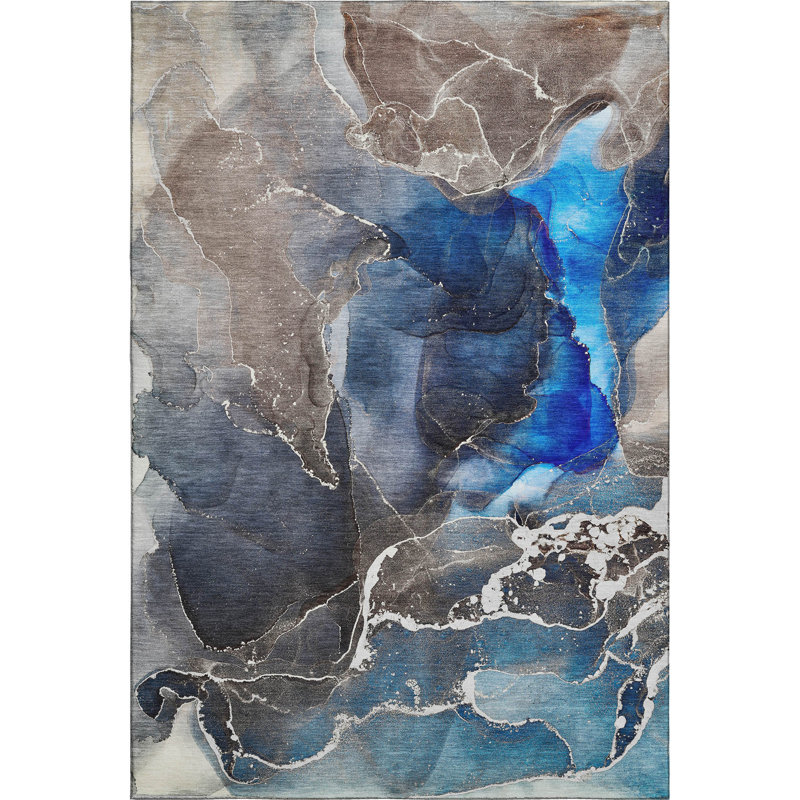 Tapis bleu marine 9 pi x 12 pi lavable à la machine Premium Cerrito AMF503, Rectangle 5 pi x 7 pi 6 po