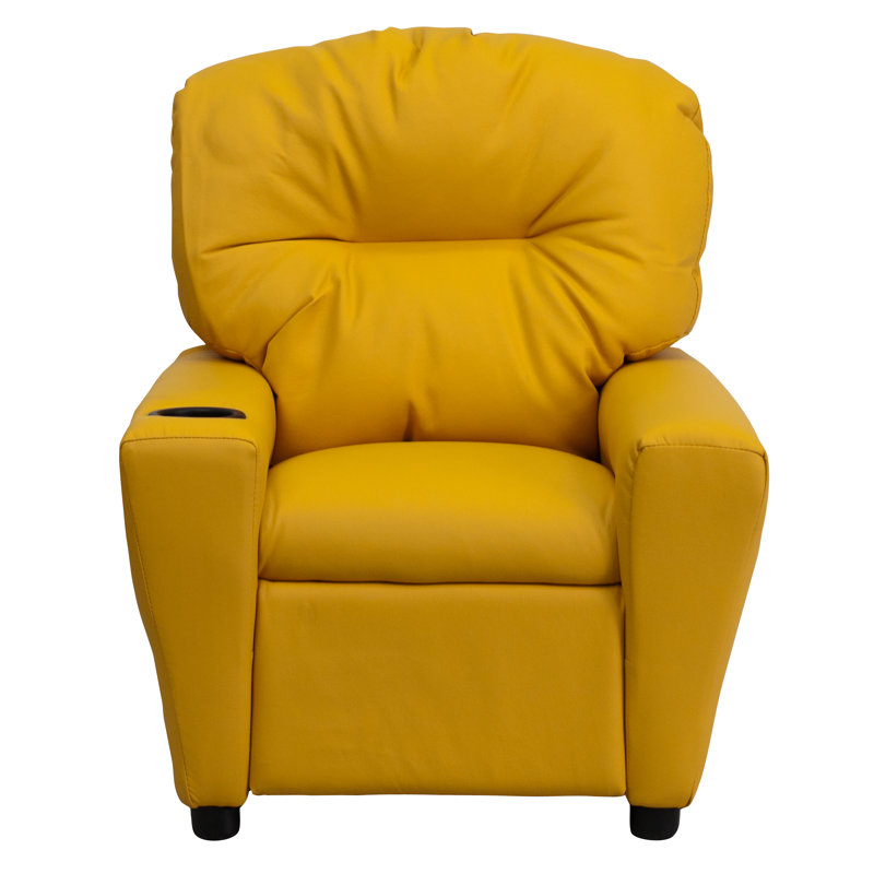 Contemporary Kids Recliner with Cup Holder, Vinyl - Yellow