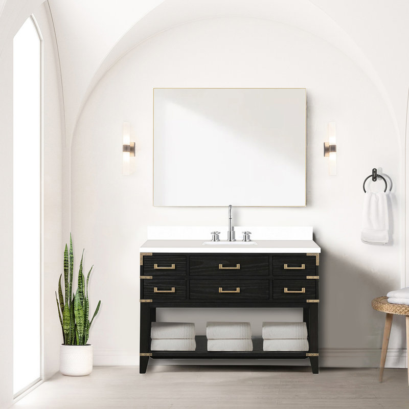 Meuble-lavabo en chêne noir l 48 po x P 22 po, comptoir en quartz blanc et miroir de 46 po - et élégant pour la décoration de salle de bain