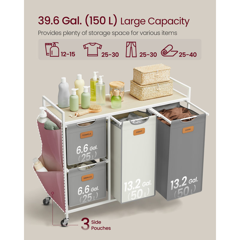 Metal Rolling Laundry Basket with Handles, Beige
