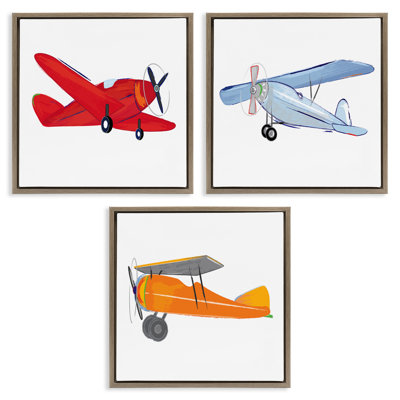Triple Colorful Airplanes Drawing 3 Piece Brown Grain Framed Floater Canvas Set by Sweet Pea Studio