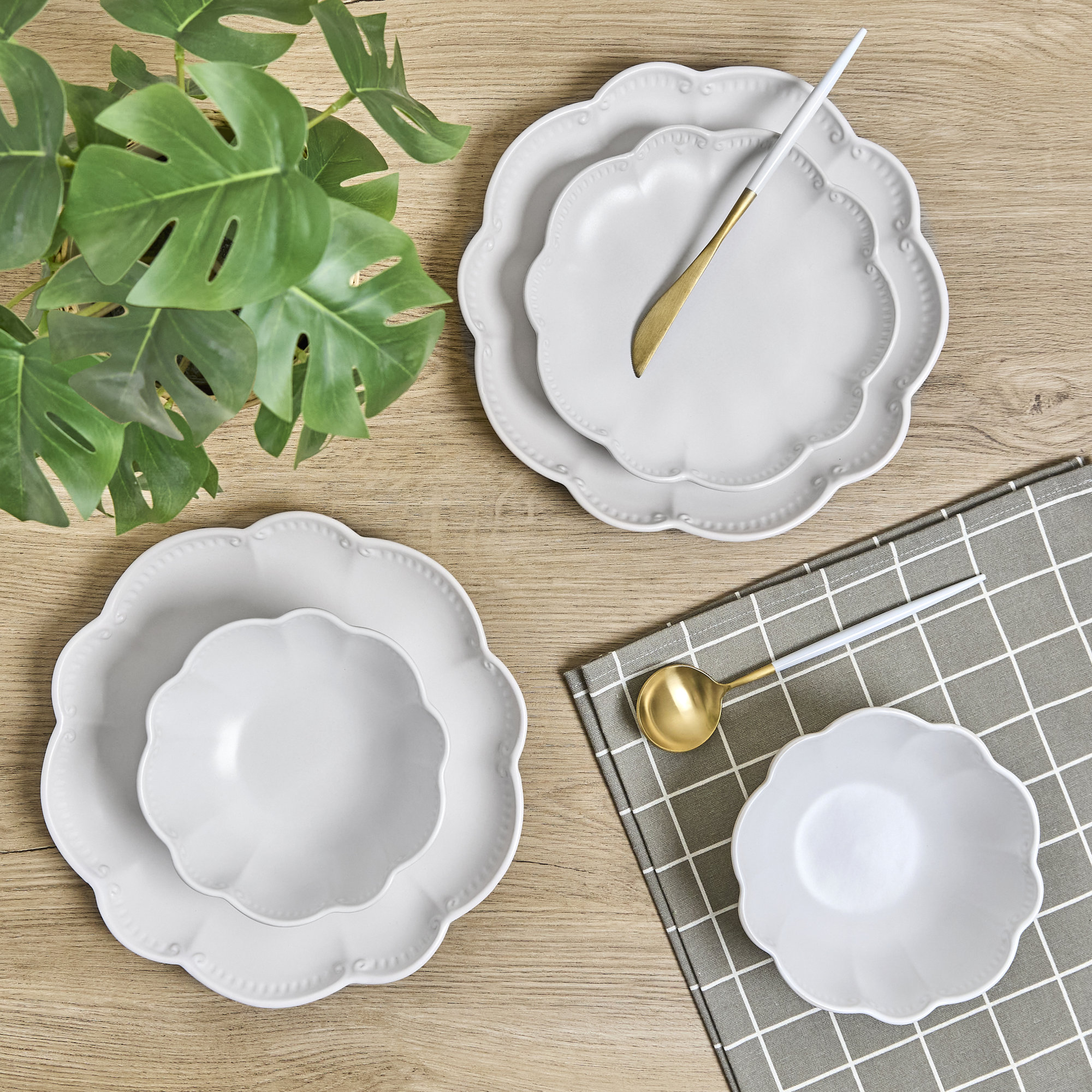 Sango Bethany 12-Piece Stoneware Dinnerware Set – Service for 4, Scalloped Plate & Bowl Set, White