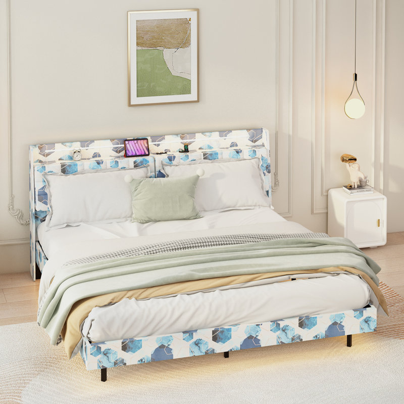 King Floating Bed Frame,Platform Bed Frame With Headboard And Hidden Storage Space, No Box Spring Needed, Blue