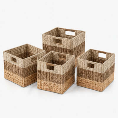 Paquet de 4 paniers de rangement en osier avec 3 motifs, bacs de rangement en rotin tissé avec poignées, paniers à cubes pour tablettes