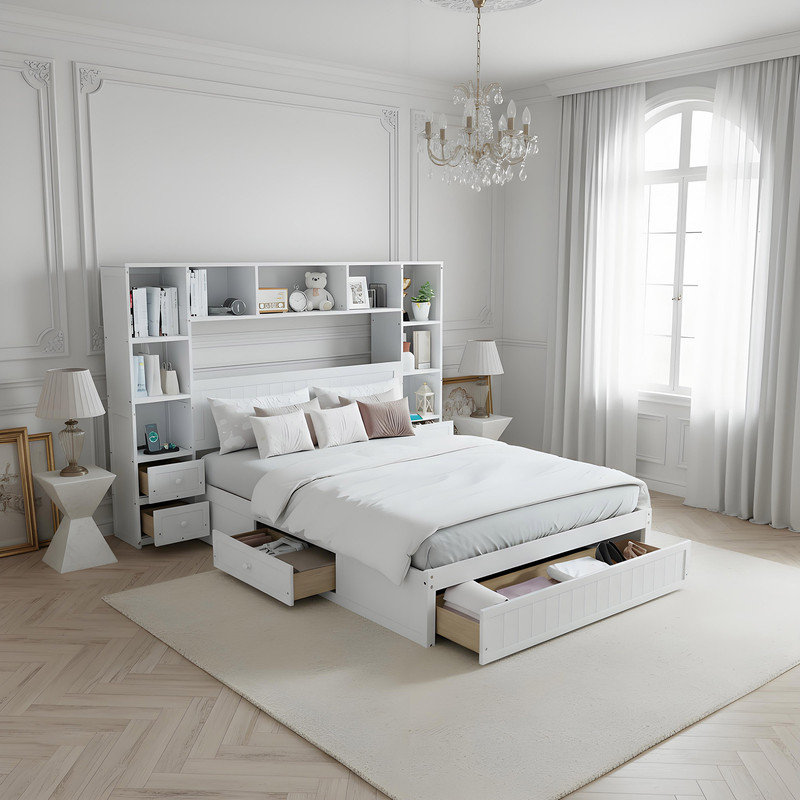 Multi-Functional Pine Wood Captain Bed with Nightstands,Bookcase Storage & Built-in Charging Stations, Full
