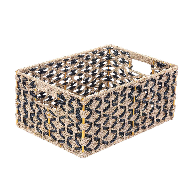 Set of 2 Black and Natural Seagrass Rectangular Storage Baskets