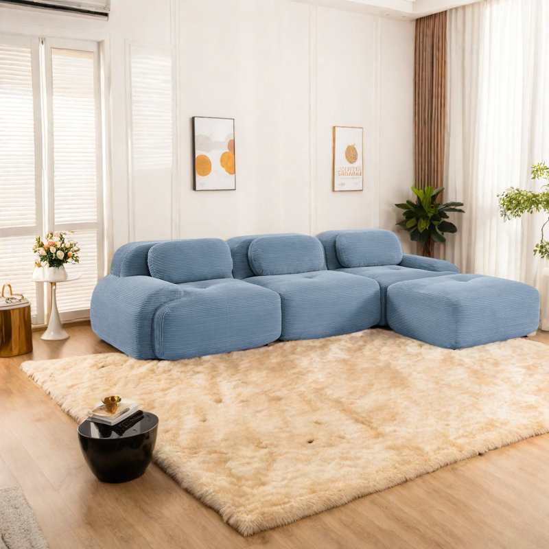 Canapés ergonomiques modulaires en forme de L, bleu velours côtelé, confort adapté aux animaux de compagnie