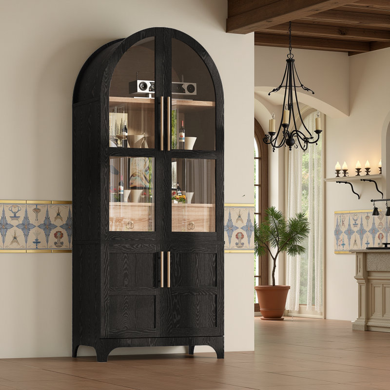 Garde-manger arqué 4 tons à 4 portes avec tablettes réglables et tiroir caché, Noir