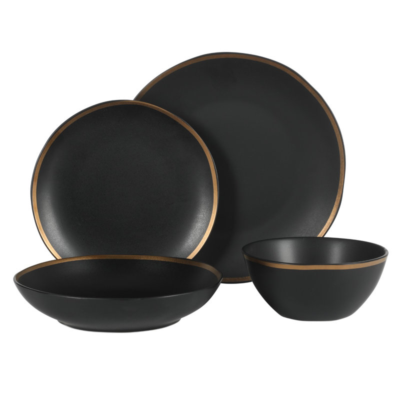 Service de vaisselle Gibson Elite Kings Road - Service pour 4, Noir mat / bordure dorée