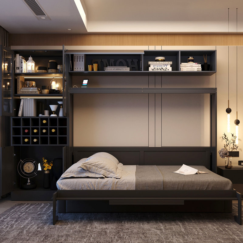 Lit double gris avec tablettes, rangement facile pour les petits appartements, construction de qualité, accès, rangement