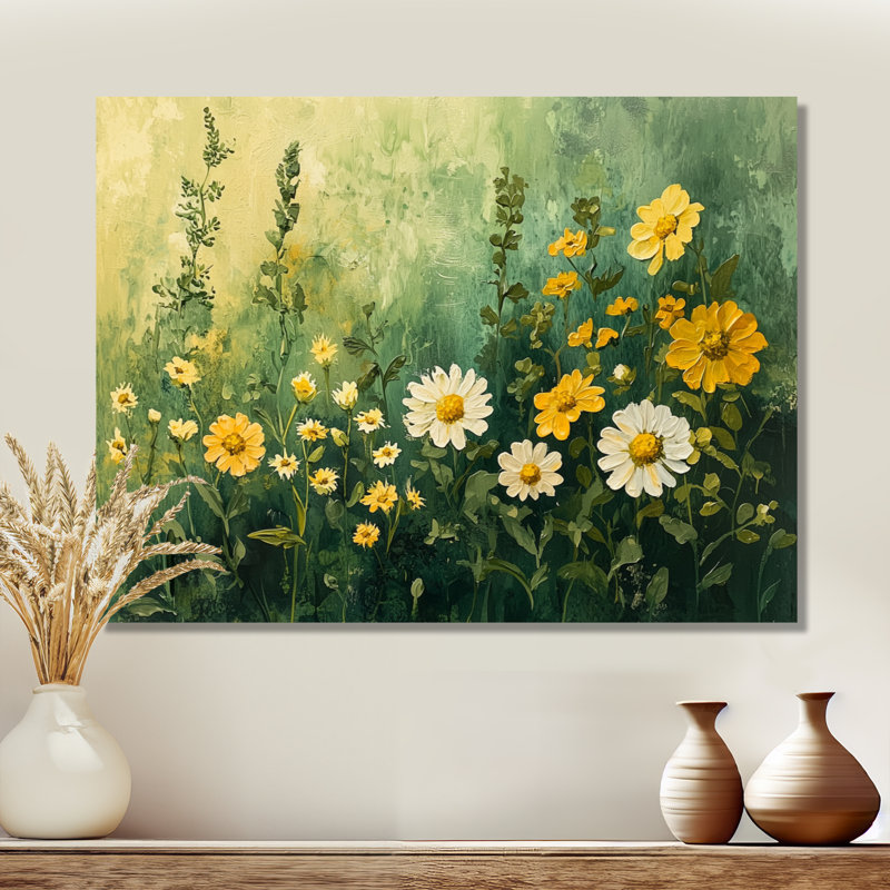 Été fleurs sauvages dans les tons verts et jaunes II - impression de fleurs sauvages sur métal, H 34 po x l 44 po