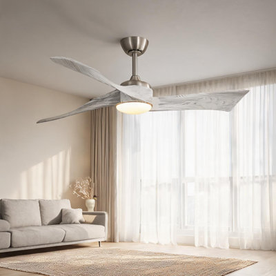 Ventilateur de plafond pour chambre à coucher et salon avec métal et bois nickel brossé, commande à distance et circulation d'air saisonnière
