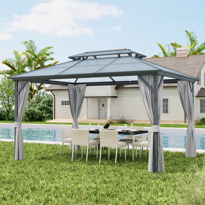 Pavillon de jardin 10 pi x 13 pi avec cadre en aluminium et toit en polycarbonate à double couche, avec moustiquaire et rideaux, idéal pour la cour et la terrasse