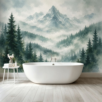 Papier peint adhésif pelez et collez, aquarelle, vert, forêt brumeuse, silhouette, magnifique art mural, adhésif et amovible