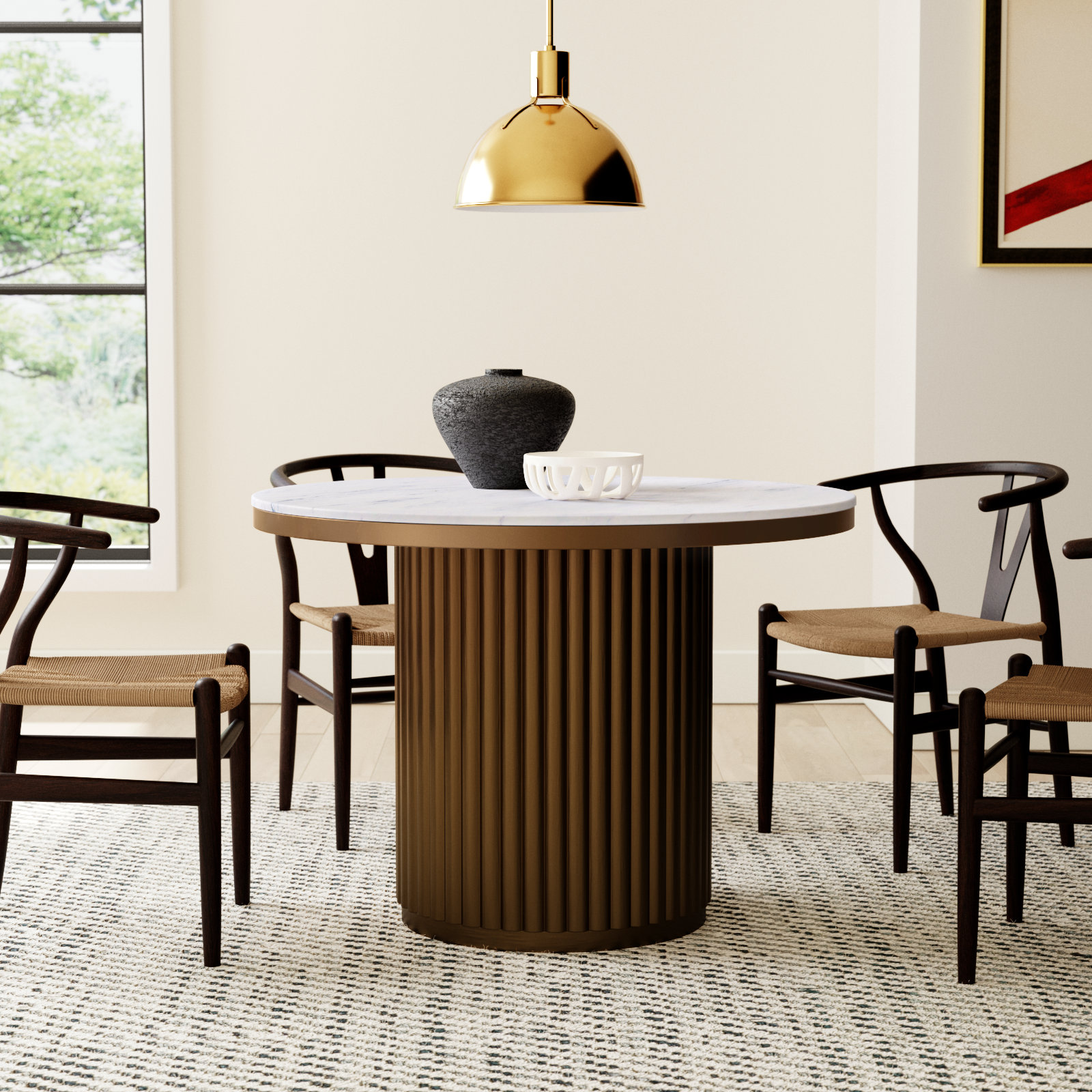 Ione 42" Dining Table, White Marble/Antique Brass