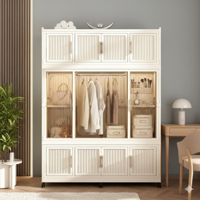 Armoire de rangement autoportante pour vêtements, organisateur de vêtements, avec 12 compartiments avec housses magnétiques et 1 tringle à vêtements, comprenant 6 supports à vêtements, armoire de rangement pour vêtements pour bébés, finition blanche