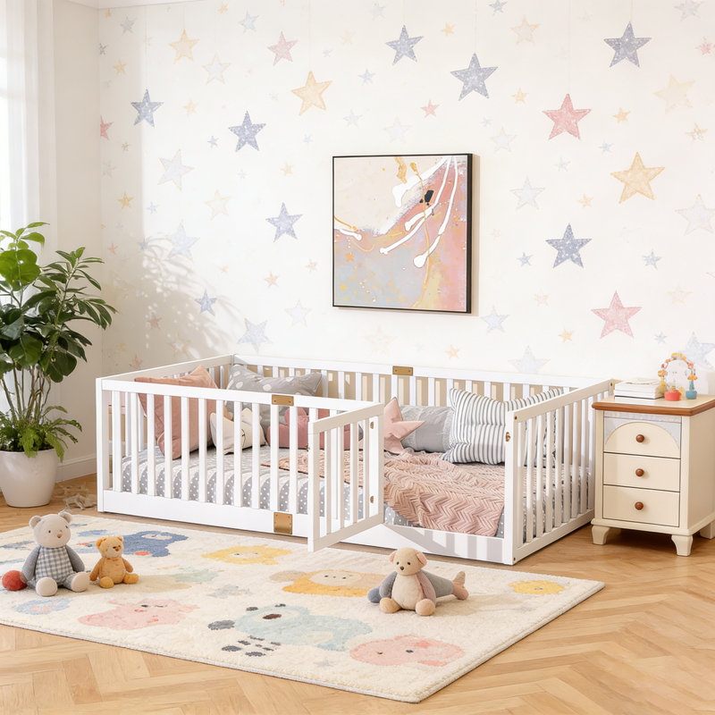 Floor Bed with High Fence Railings and Door, Rubber Wood Safety Guardrails for Compact Rooms, Twin, White, With Door