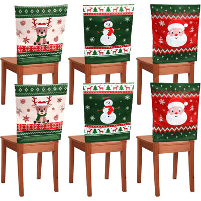 Christmas Chair Back Covers - Multi-Colour - Santa, Snowman & Elk Design, Felt Detailing, Slipcovers For Dining, Kitchen & Holiday Decor