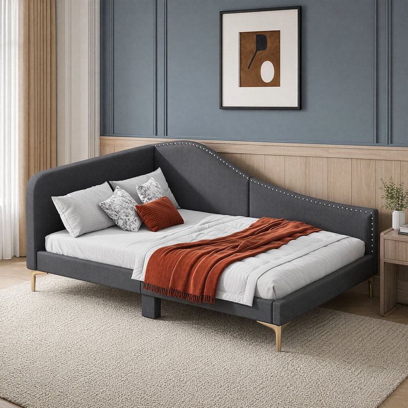 Lit de jour en lin durable avec tête de lit et caractéristiques de conception moderne | Conception confortable du dossier et des accoudoirs