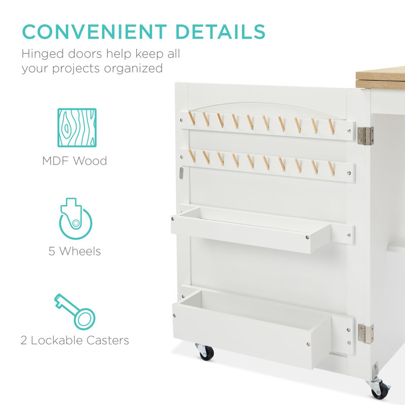 Table de couture pliante multifonctionnelle et table d'appoint, Naturel / Blanc
