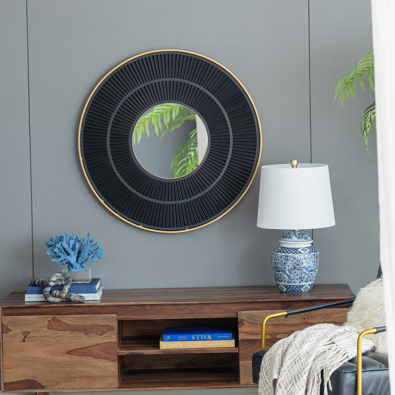 Manufactured Wood Frame Vertical Mirror, Golden Black, Round, 31.5" x 31.5"
