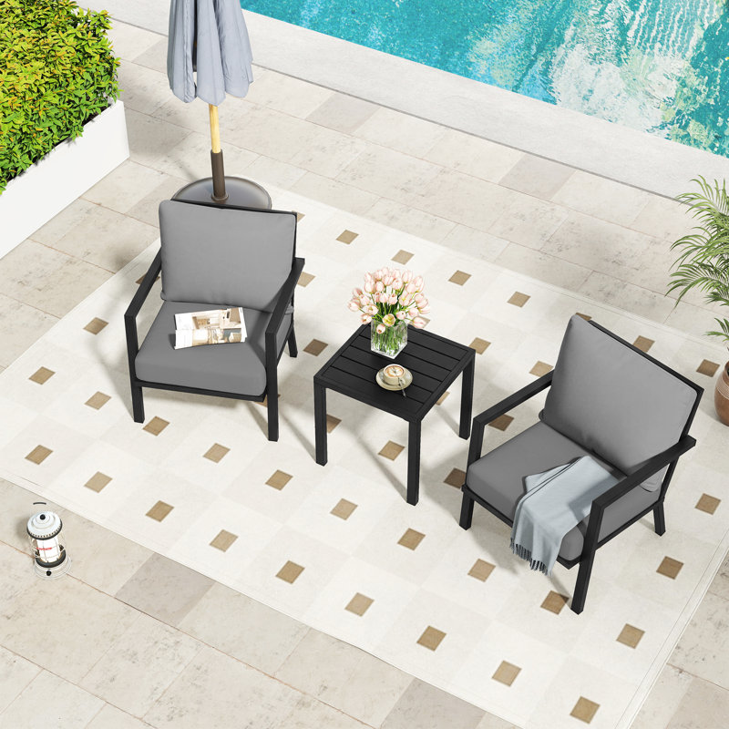 Mornlift 3-Piece Aluminum Outdoor Patio Conversation Set With Gray Cushions And Side Table, Gray, Black