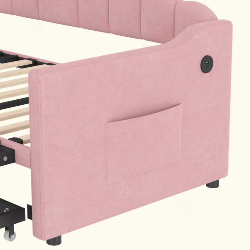 Upholstered Daybed With Adjustable Height Pop Up Trundle Twin Bed And USB & Type-C Charging Port, Day Bed Frame With 2 Side Pockets, No Box-Spring Needed