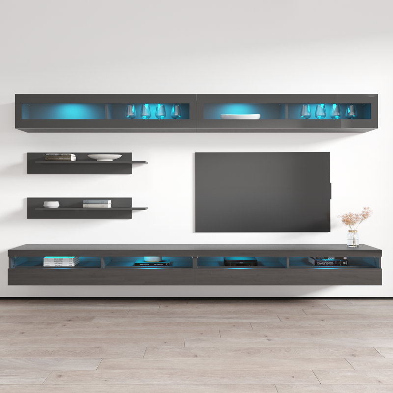 Meuble audio-vidéo mural flottant moderne de 126 po avec éclairage à DEL 16 couleurs Cailynn
