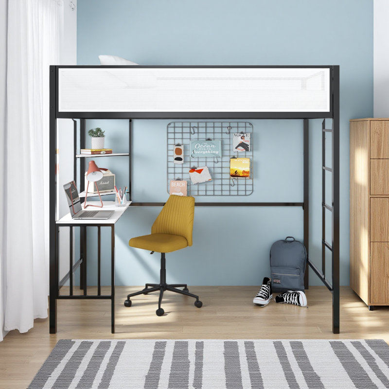 Lit mezzanine simple avec bureau et tablettes