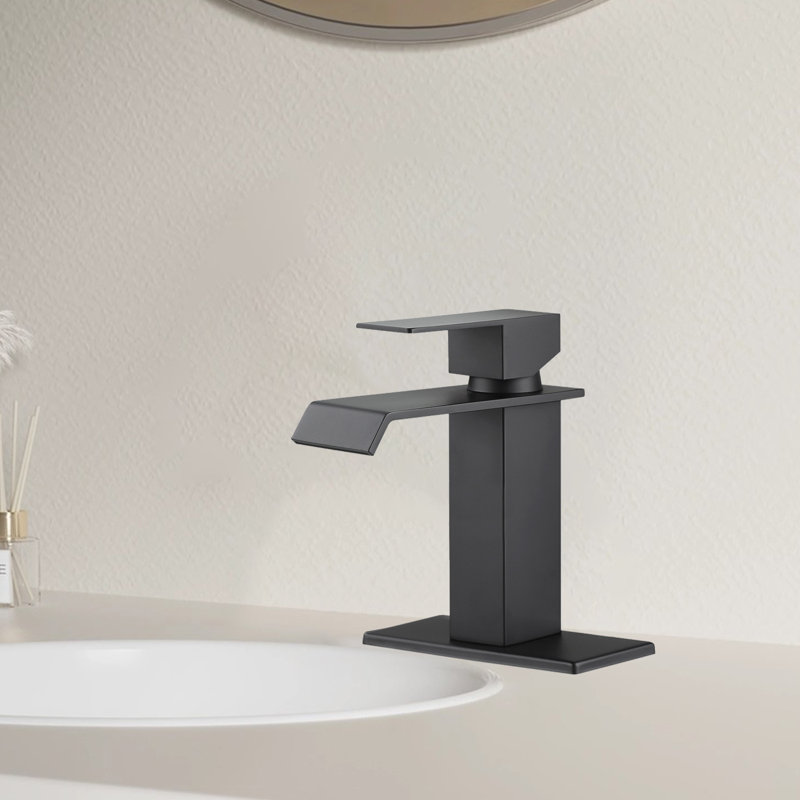 Single Handle Bathroom Faucet With Deckplate And Waterfall Spout In ( 1 Pack ), Matte Black