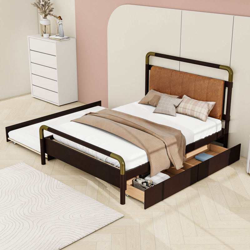 Grand lit plateforme avec lit gigogne simple et tiroirs, Noyer