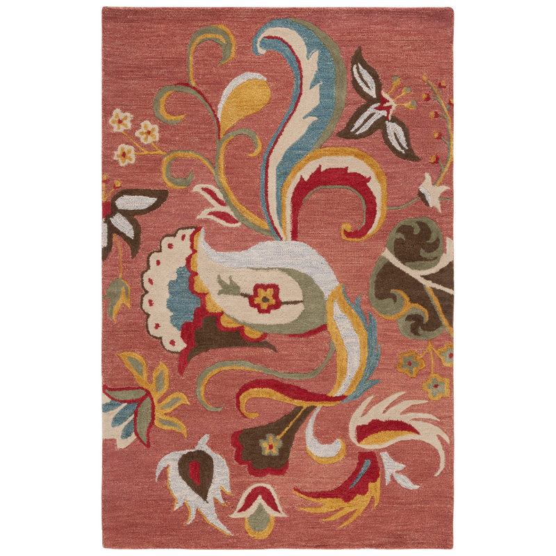 Ferrera Jahiem Floral Handmade Tufted Wool Red Area Rug, Rectangle 5' x 8'