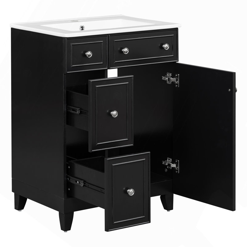 24" Bathroom Vanity with Ceramic Sink, 2 Drawers and 1 Door, Black