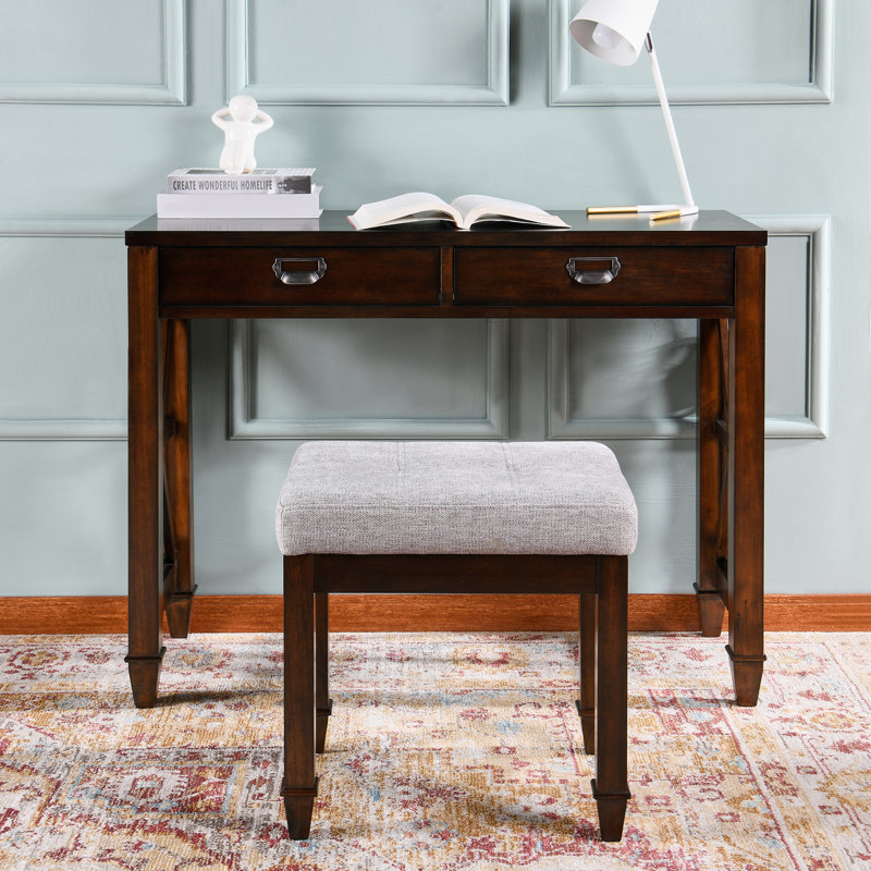 Amberrae Solid Wood Piano Vanity Stool, Light Gray, Brown