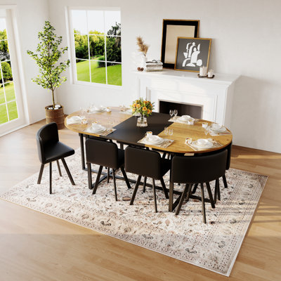 Ensemble de table de salle à manger 9 pièces ovale, plateau de table fixe à deux tons grain de bois et triamine de grain de bois noir avec 8 chaises en cuir de polyuréthane noir, ensemble de table de cuisine moderne pour 8 personnes, idéal pour les réunions de famille